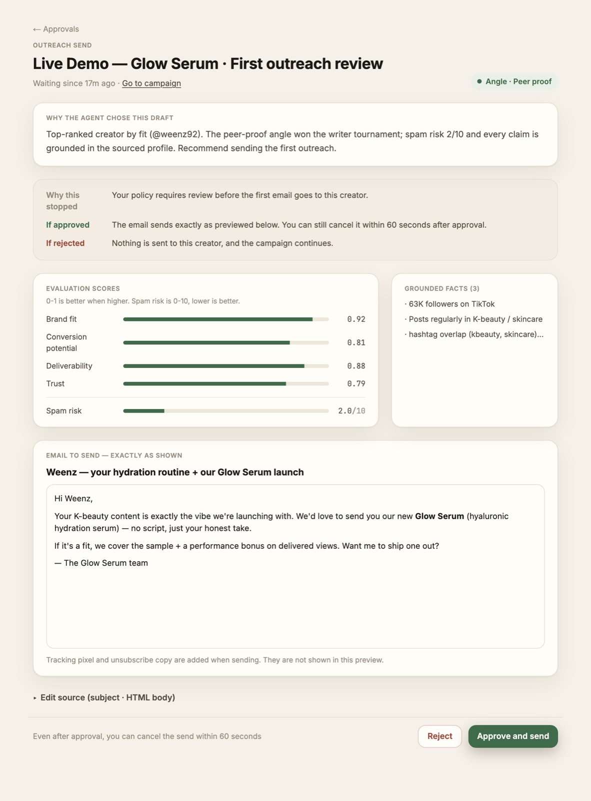 Approval gate — scores, grounded facts, email preview